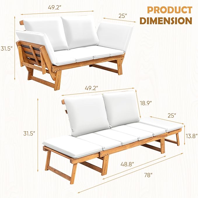 Greesum Patio Convertible Couch Sofa Bed with Adjustable Armrest, Acacia Wood Outdoor Daybed with Cushion & Pillow - Photo 3