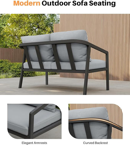 Outdoor Patio Loveseat, Never-Rust Aluminum Outdoor Loveseat Couch with Thick Cushions, Modern 2-Seater Patio Sofa Bench, Outdoor Sofa Loveseat Furniture for Backyard, Garden, Black | Never-Rust, Wraparound Design, Removable Cushions