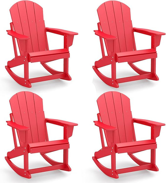 GREENVINES Adirondack Rocking Chairs Set of 4 | HDPE Plastic | Porch Rocker | Chair for Outdoor Patio Deck | All Weather | Red