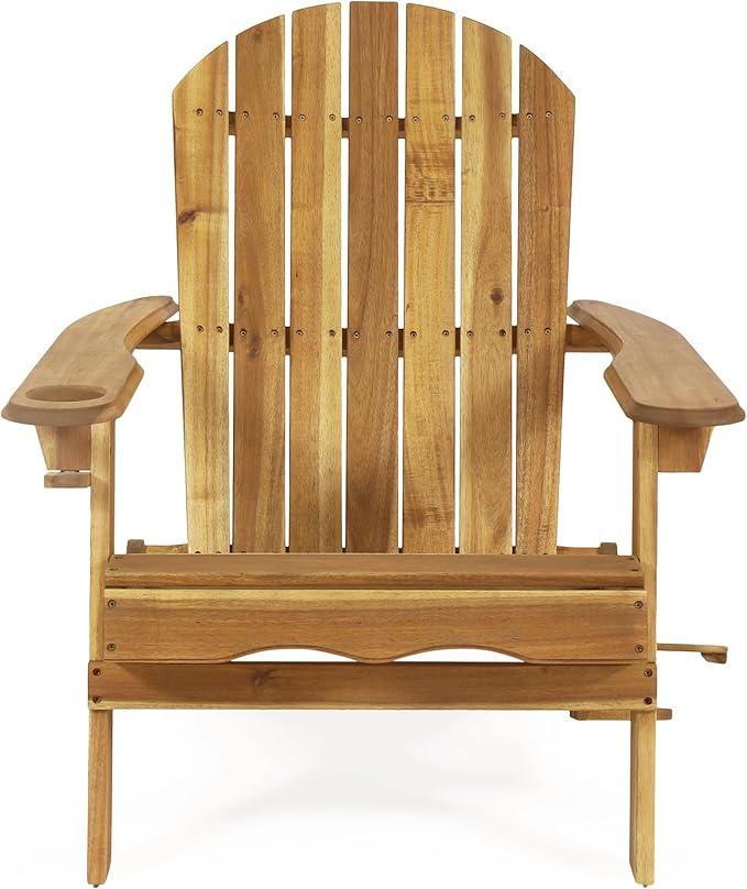 Christopher Knight Home Vera Acacia Wood Lounge Chair Outdoor, Adirondack Chair with Cup Holders, Slatted Design Side Chair, Extra Seating for Balcony Backyard Poolside Garden, Weather Resistant, Teak