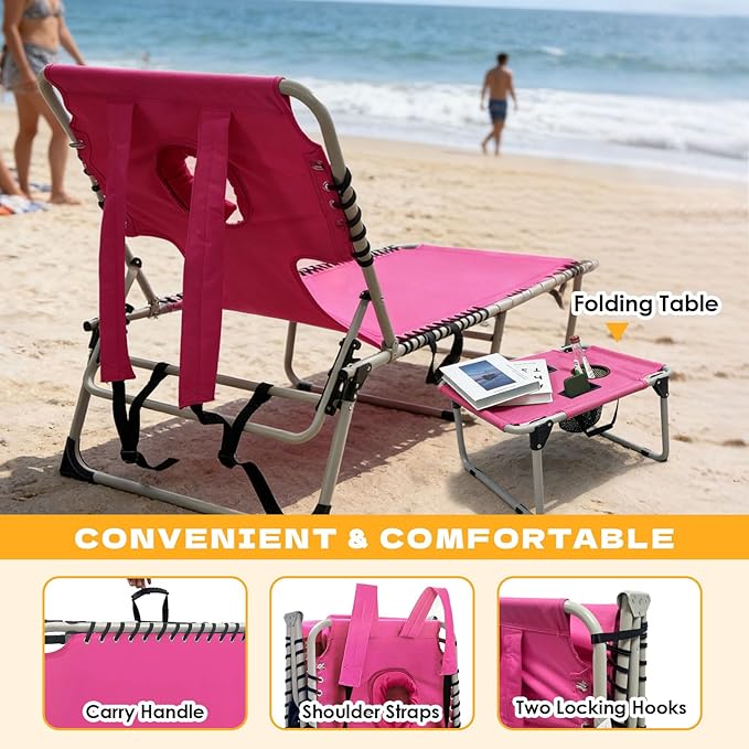 Backpack Sun Tanning Chair with Face Hole & Beach Table, 5-Position Adjustable Folding Lounge Chair Outdoor for Lawn Patio Garden