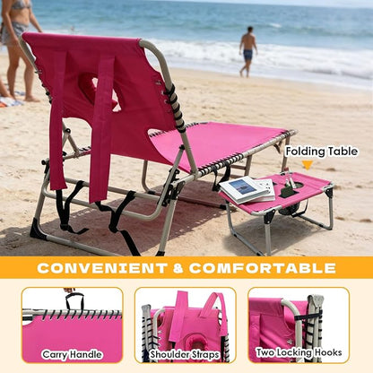 Backpack Sun Tanning Chair with Face Hole & Beach Table, 5-Position Adjustable Folding Lounge Chair Outdoor for Lawn Patio Garden