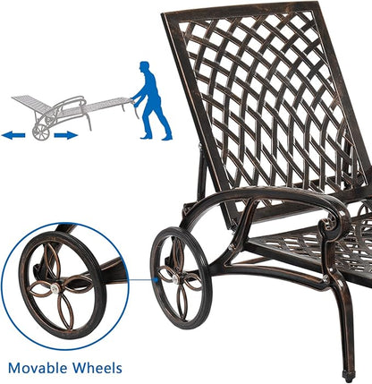 Outvita Lounge Chairs for Outside, Patio Cast Aluminum Recliner with Adjustable Back and Rolling Wheels for Backyard Porch Pool Balcony Deck (Bronze)