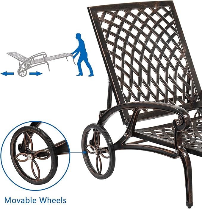 Cast Aluminum Outdoor Chaise Lounge Chair with Wheels, Patio Chaise Lounge with 3-Position Adjustable Backrest - Photo 7