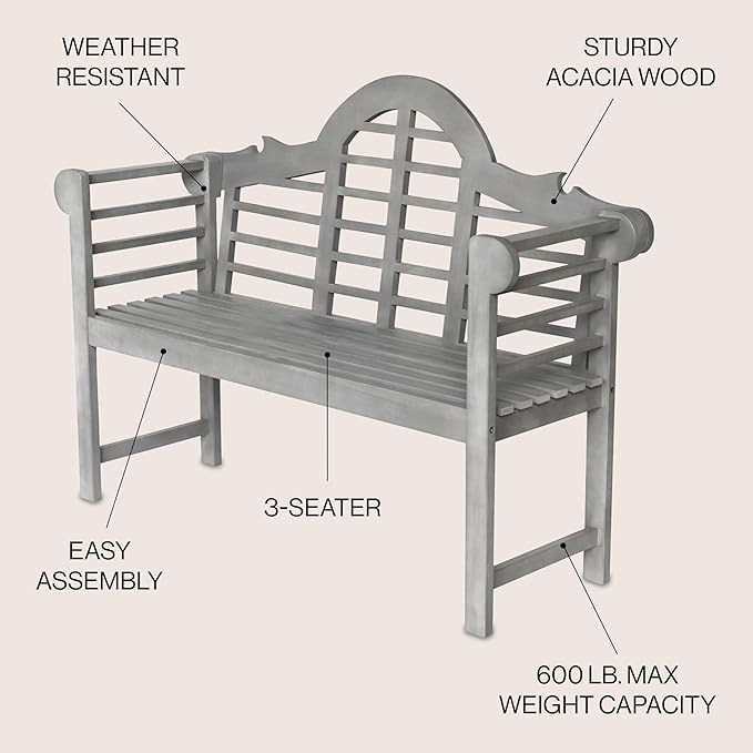 JONATHAN Y BNH103B Lutyens 51.2" 3-Seat Arched 600-Lbs Support Acacia Wood Outdoor Garden Patio Bench for Garden, Lawn, Backyard, Pool, Deck, Beach, Firepit, Gray
