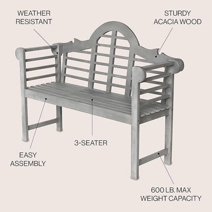 JONATHAN Y BNH103B Lutyens 51.2" 3-Seat Arched 600-Lbs Support Acacia Wood Outdoor Garden Patio Bench for Garden, Lawn, Backyard, Pool, Deck, Beach, Firepit, Gray