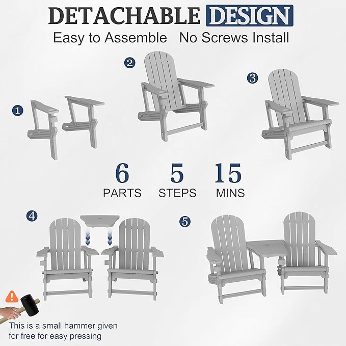 Vongrasig Adirondack Chairs Set of 2 with Removable Tabletop, All-Weather HDPE Outdoor Chair Set with Wooden Textured, Cup Holder for Patio, Poolside, Deck, Garden, Light Grey