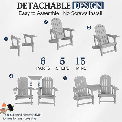 Vongrasig Adirondack Chairs Set of 2 with Removable Tabletop, All-Weather HDPE Outdoor Chair Set with Wooden Textured, Cup Holder for Patio, Poolside, Deck, Garden, Light Grey