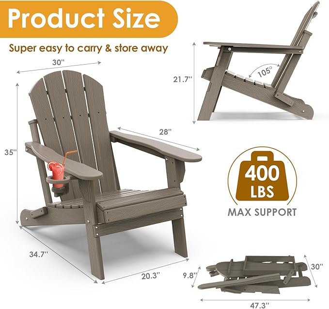 IVY&LANE Folding-Adirondack-Chair | HDPE Plastic | Wood Grain | Outdoor Fire Pit Chairs with Cup Holder | Poly | Weather Resistant | for Patio Deck Poolside Garden Beach