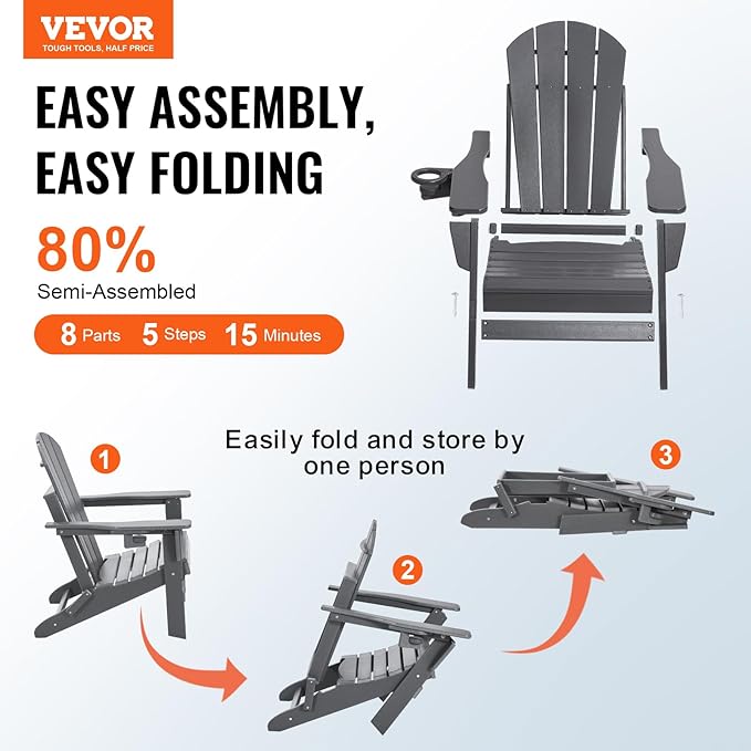 VEVOR Folding Adirondack Chairs Set of 2 with Cup Holder, All-Weather Portable Plastic Fire Pit Chair, Outdoor Adirondack Patio Chair, with Relaxing Arm Rest Ergonomic, for Garden, Backyard, Gray