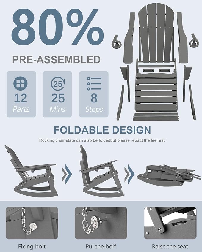 Adirondack Rocking Chairs Set of 8 with Retractable Ottoman, All Weather Folding Adirondack Chair with Two Cup Holders, Adirondack Outdoor Rocking Chairs for Porch, Patio, Balcony. Grey