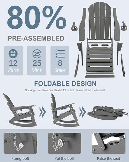 Adirondack Rocking Chairs Set of 6 with Retractable Ottoman, All Weather Folding Adirondack Chair with Two Cup Holders, Adirondack Outdoor Rocking Chairs for Porch, Patio, Balcony. Grey