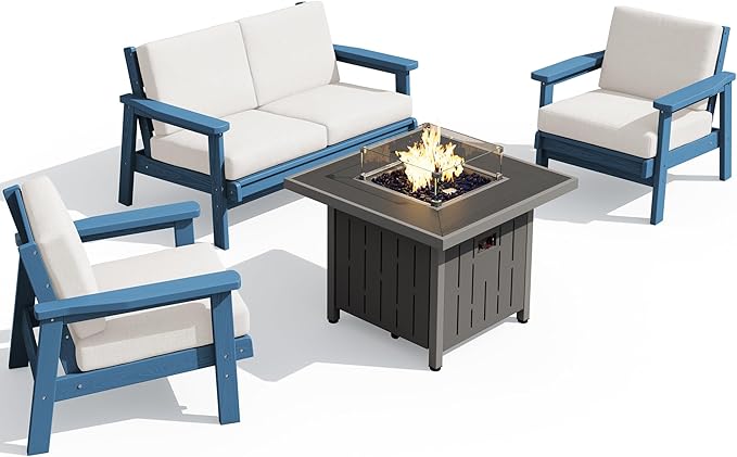 SERWALL Patio Furniture Set with 33” Fire Pit Table, HDPE Outdoor Sectional Sofa Set with Thickened Cushions - Photo 1