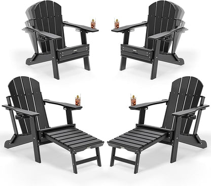 VINGLI Back-Adjustable Plastic Folding Adirondack Chairs Set of 4 with Retractable Footrest & 2-in-1 Cup Holders, Waterproof HDPE Outdoor Fire Pit Chairs for Patio, Pool, Capacity 400 LBS, Black