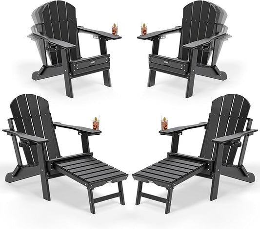 VINGLI Back-Adjustable Plastic Folding Adirondack Chairs Set of 4 with Retractable Footrest & 2-in-1 Cup Holders, Waterproof HDPE Outdoor Fire Pit Chairs for Patio, Pool, Capacity 400 LBS, Black