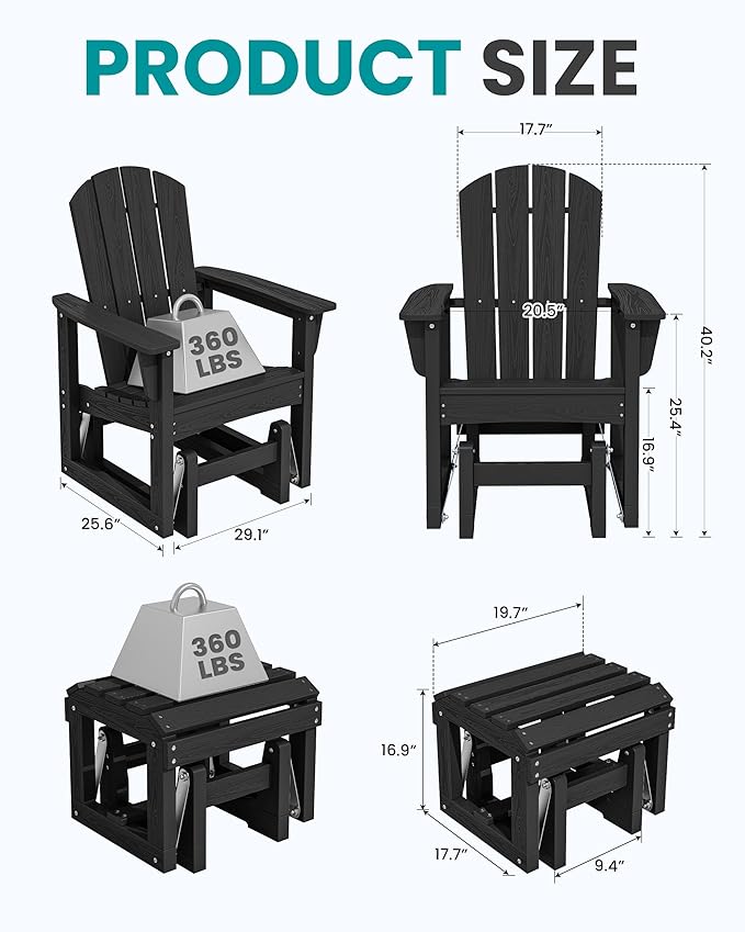 SERWALL Outdoor Glider Chair Set of 4 with Ottoman, HDPE Wood-Like Patio Glider Set All-Weather Porch Glider for Outside - Photo 2