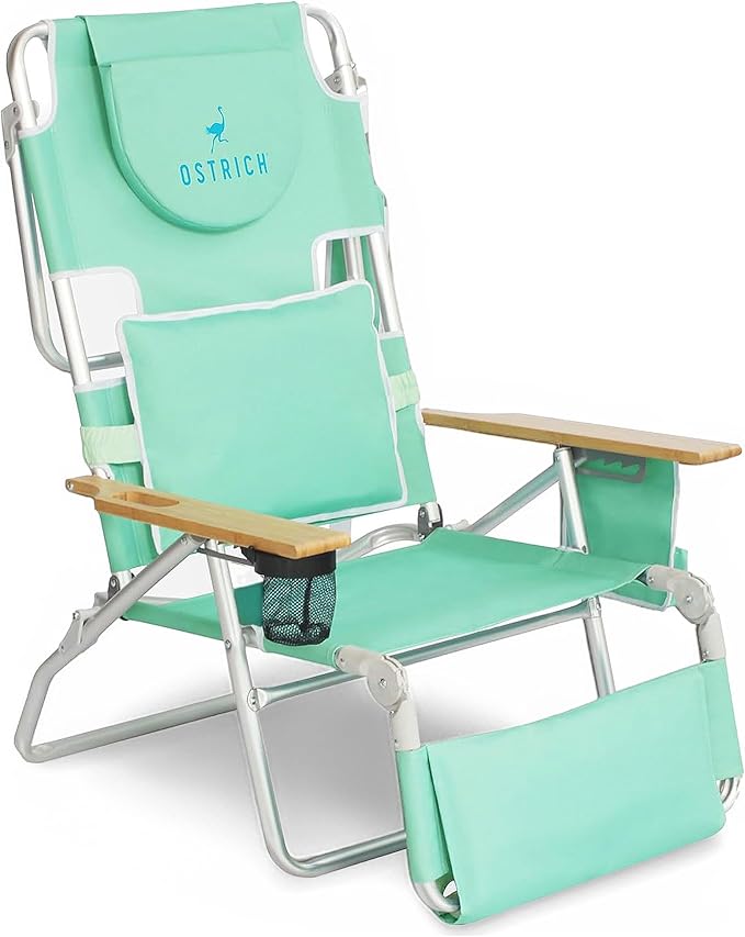 Ostrich the Deluxe 3N1 Reclining Lounge Chair, Folding Outdoor Lounger and Extra-Wide Beach Chair with Wooden Armrests and Face Hole, Teal