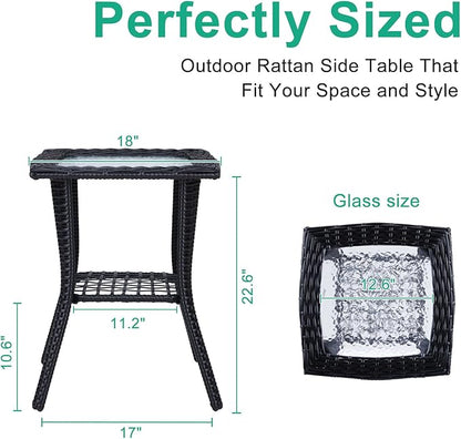 Outdoor Wicker Side Table, Rattan End Table with Glass Top, Patio Coffee Bistro Table for Indoor Garden Porch Balcony (Black)