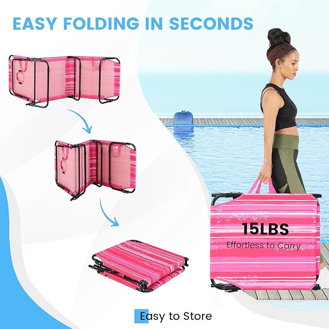 GYMAX Tanning Chair, 330lbs Beach Lounge Chair with Face Hole, Washable Pillow & Carry Strap, Adjustable Folding Chaise Lounge, Layout Lounger for Outside, Patio, Poolside, Lawn (1, Pink Stripe)