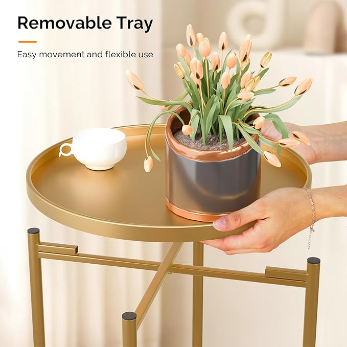 VINGLI Round Metal Side Table with Removable Tray, Outdoor Patio Coffee Table, Waterproof End Table for Small Spaces - Photo 4