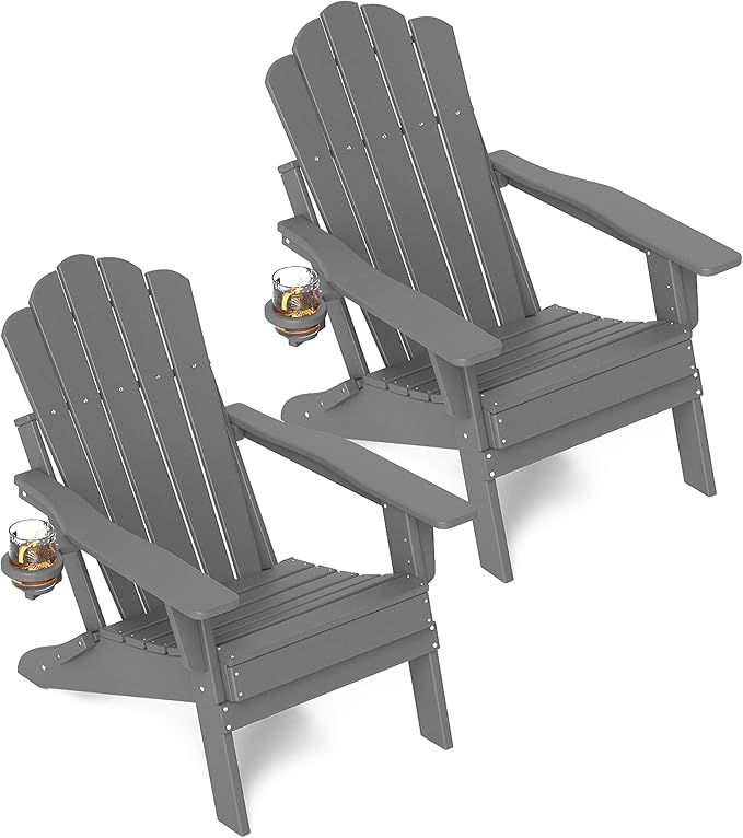 FOOWIN HDPE Adjustable Adirondack Chair Set of 2, 400lbs Heavy Duty Folding Patio Chairs with Cup Holder, 3-Position Reclining Fire Pit Seating, All-Weather Poly Lumber for Backyard, Deck - Grey