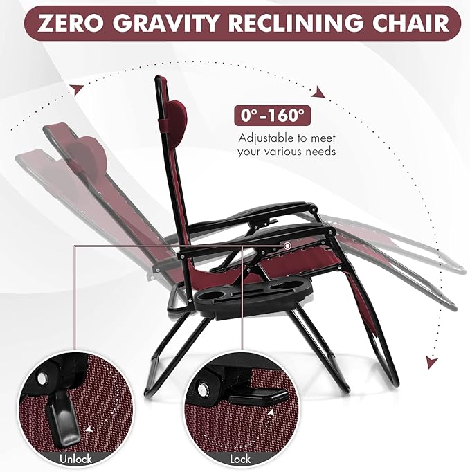 Giantex 2 PCS Zero Gravity Chair, Outdoor Chaise Lounge with Cup Holder, Patio Folding Chairs Recliner for Yard Pool Lawn Balcony, Burgundy