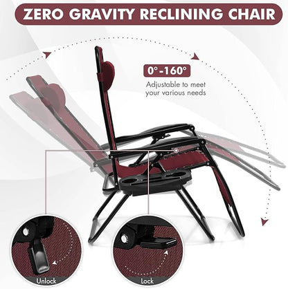 Giantex Zero Gravity Reclining Chair, Outdoor Patio Recliner with Cup Holder & Removable Pillow, Adjustable Backrest, Indoor Lounge Chair for Backyard, Garden, Poolside (Burgundy)