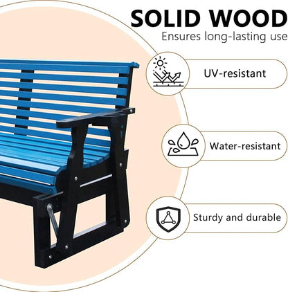 3-Seater Outdoor Glider Chair, 5FT Wood Porch Glider with High Roll Back, Cupholders and Deep Contoured for Porch, Garden, Dark Grey and Blue