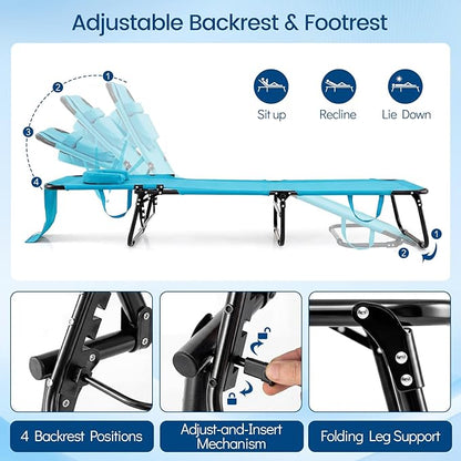 COSTWAY Tanning Chair with Face Hole, Pillows & Adjustable Backrest, Portable with Carrying Bag, Folding Beach Chaise Lounge for Sunbathing, Seaside (2, Turquoise)