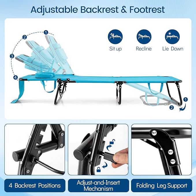 Tangkula Beach Lounge Chair, Folding Sunbathing Recliner with Face Hole, Face Down Tanning Chair with 4-Level Adjustable Backrest & 3 Removable Pillows, Chaise Lounge Chair for Patio (1, Turquoise)