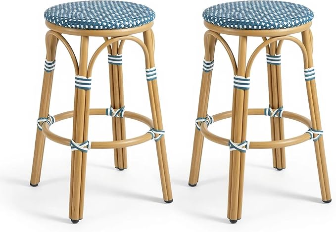PURPLE LEAF Outdoor French Round Bar Stool Set of 2 Large 30" Armless Handwoven Rattan Wicker Barstools with Bamboo Print Aluminum Frame Footrest for Patio Restaurant Bistro Soft Blue