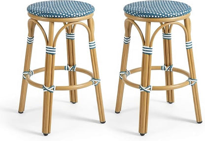 PURPLE LEAF Outdoor French Round Bar Stool Set of 2 Large 30" Armless Handwoven Rattan Wicker Barstools with Bamboo Print Aluminum Frame Footrest for Patio Restaurant Bistro Soft Blue
