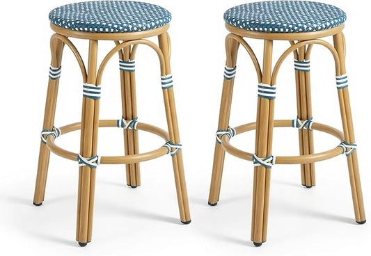 PURPLE LEAF Outdoor French Round Bar Stool Set of 2 Large 30" Armless Handwoven Rattan Wicker Barstools with Bamboo Print Aluminum Frame Footrest for Patio Restaurant Bistro Soft Blue