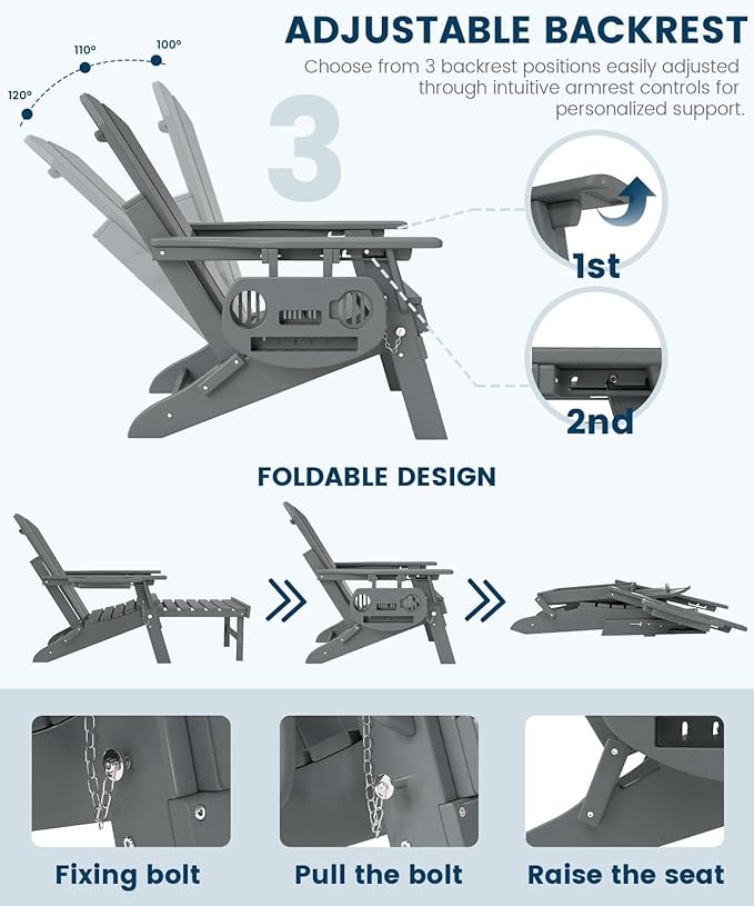 FOOWIN Folding Adjustable Adirondack Chair with Retractable Ottoman Set of 2, HDPE Adirondack Chair w/4 in 1 Cup Holder Trays,All-Weather Resistant Fire Pit Chair for Outdoor Patio Lawn, Grey