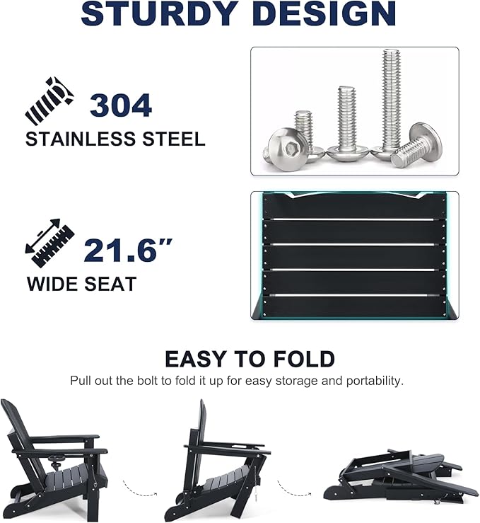 Adirondack Chair with Ottoman | Folding | Outdoor Patio Chair with Removable Footrest | HDPE Plastic All-Weather Resistant | Cup Holder | for Backyard and Garden | Matte Black