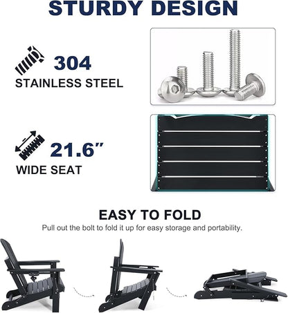 Adirondack Chair with Ottoman | Folding | Outdoor Patio Chair with Removable Footrest | HDPE Plastic All-Weather Resistant | Cup Holder | for Backyard and Garden | Matte Black