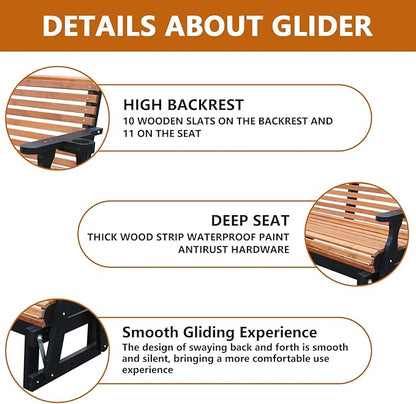 3-Seater Outdoor Glider Chair, 5FT Wood Porch Glider with High Roll Back, Cupholders and Deep Contoured for Porch, Garden, Brown and Dark Grey