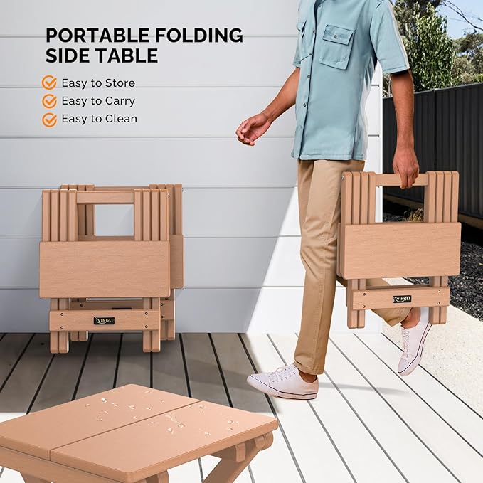 VINGLI Small HDPE Folding Side Table, Plastic Waterproof Portable Adirondack Coffee End Tables, All Weather for Patio, Backyard, Pool, Indoor Use, Slats Style, Teak