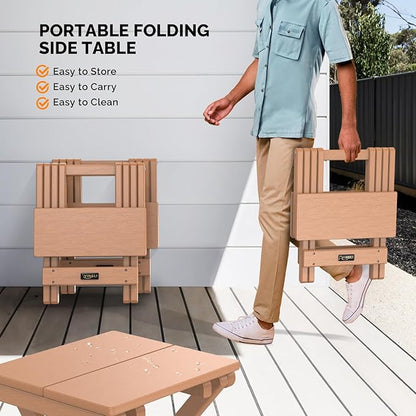 VINGLI Small HDPE Folding Side Table, Plastic Waterproof Portable Adirondack Coffee End Tables, All Weather for Patio, Backyard, Pool, Indoor Use, Slats Style, Teak