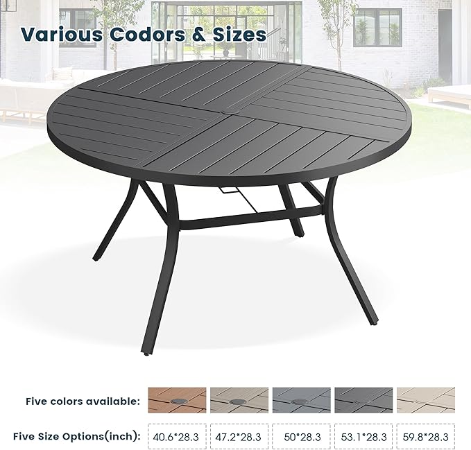 Patio Dining Table for 6-8, Round Metal Outdoor Table with Storage Shelf, 1.57" Umbrella Hole, 53" Outdoor Quartered Tabletop Dining Table for Backyard, Porch, Lawn, Black