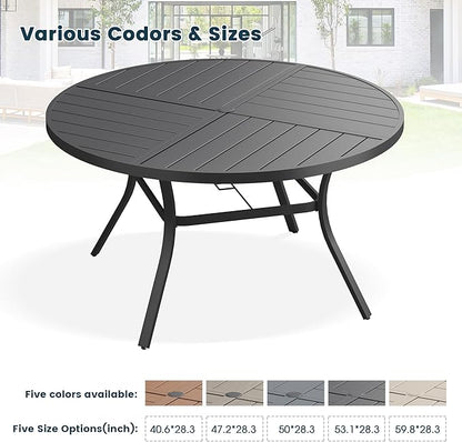 Patio Dining Table for 6-8, Round Metal Outdoor Table with Storage Shelf, 1.57" Umbrella Hole, 53" Outdoor Quartered Tabletop Dining Table for Backyard, Porch, Lawn, Black