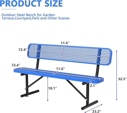 72" Metal Park Benches for Outside - Blue Outdoor Benches Heavy Duty Garden Weatherproof Bench with Backrest, Buddy Bench for Schools,Commercial Benches for Shopping Mall, Store, Yard, Patio