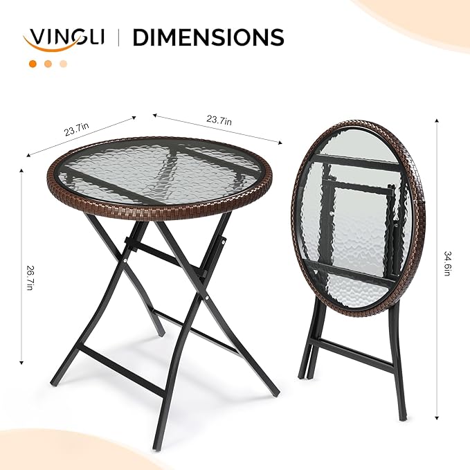 VINGLI 23.6in Modern Brown Rattan Folding Glass Outdoor Side Table, Small Patio Table with Tempered Glass Top,Round,1 Pack