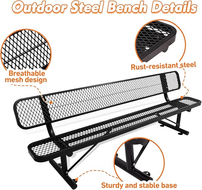 8FT/96INCH Heavy Duty Metal Park Bench for Outside, Outdoor Garden Benches with Backrest & Portable Frame, Expanded Metal Mesh Bench for Shopping Malls, Lawn, Park, Deck, Patio, Porch, Black