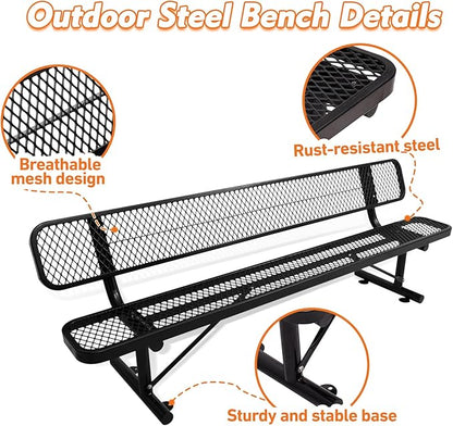 8FT/96INCH Heavy Duty Metal Park Bench for Outside, Outdoor Garden Benches with Backrest & Portable Frame, Expanded Metal Mesh Bench for Shopping Malls, Lawn, Park, Deck, Patio, Porch, Black
