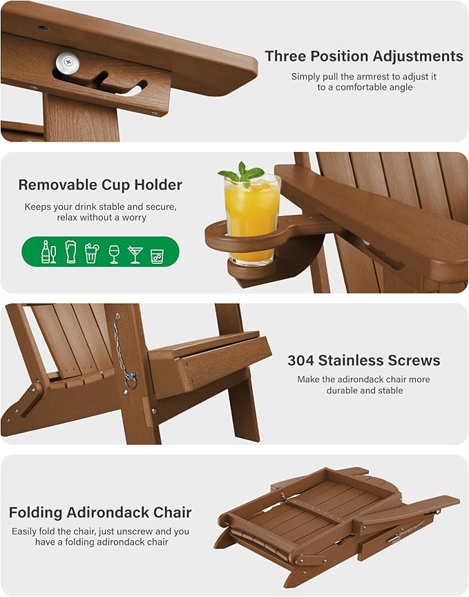 YEFU Adirondack Chairs Set of 6 for Patio: Folding Plastic Fire Pit Chair with Cup Holders & Adjustable Backrest - Sturdy All-Weather HDPE for Outdoor Pool Lawn - Easy Assembly(Teak)