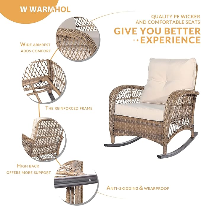 Outdoor Wicker Rocking Chair with Thickened Cushions, All-Weather Rattan Patio Rocking Chairs - Photo 5