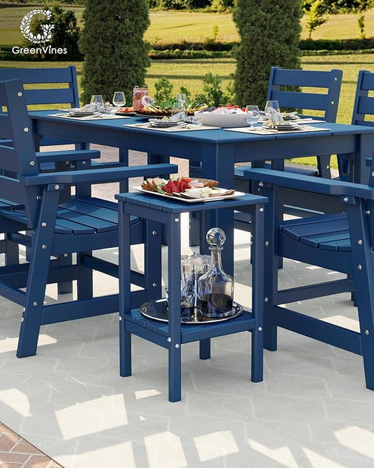 GREENVINES Tall-Outdoor-Side-Table | 23.5" | HDPE Plastic | Patio Adirondack End Tables | All Weather | 2-Tier | Blue | for Porch Garden Indoor & Rocking Chairs