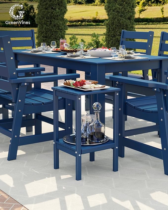 GREENVINES Tall-Outdoor-Side-Table Set of 2 | 23.5" | HDPE Plastic | Patio Adirondack End Tables | All Weather | 2-Tier | Blue | for Porch Garden Indoor & Rocking Chairs
