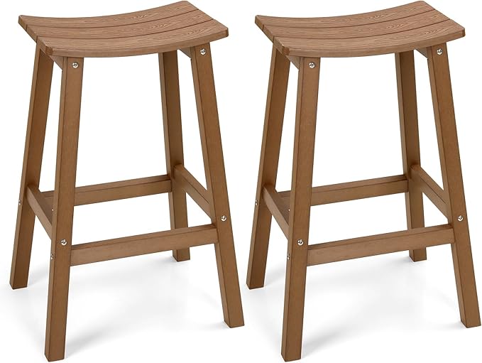 Weatherproof Bar Stools Set of 2, 28" Height Outdoor Bar Stools Holds up to 400 lbs, Saddle Seat, Bar Height Stools for Patio, Garden, and Kitchen Island, Teak